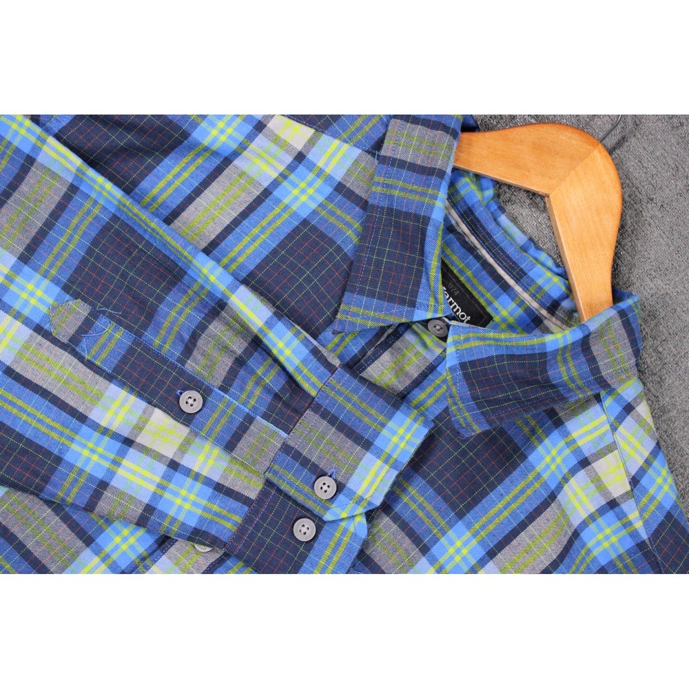 Marmot Mens XL Blue Lime Green Plaid Long Sleeve Button Down Shirt SCC-237